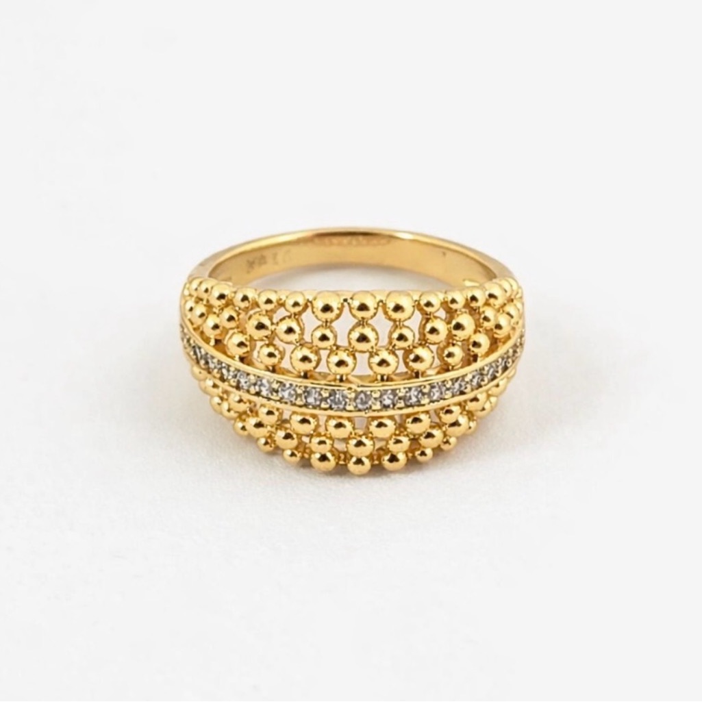Gold Wide Band Dorica Ring With Cz Row | 14k Gold Plated | Luxury Jewelry